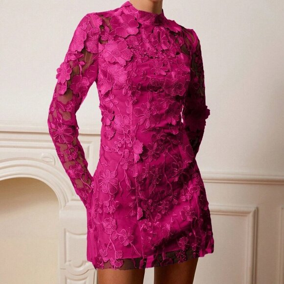 Hot Pink Elegant Women's Embroidery Floral Embroidered long sleeve Mesh dress - Picture 6 of 6